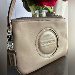 Coach Taupe Leather Wristlet Clutch with Embossed Round Logo
